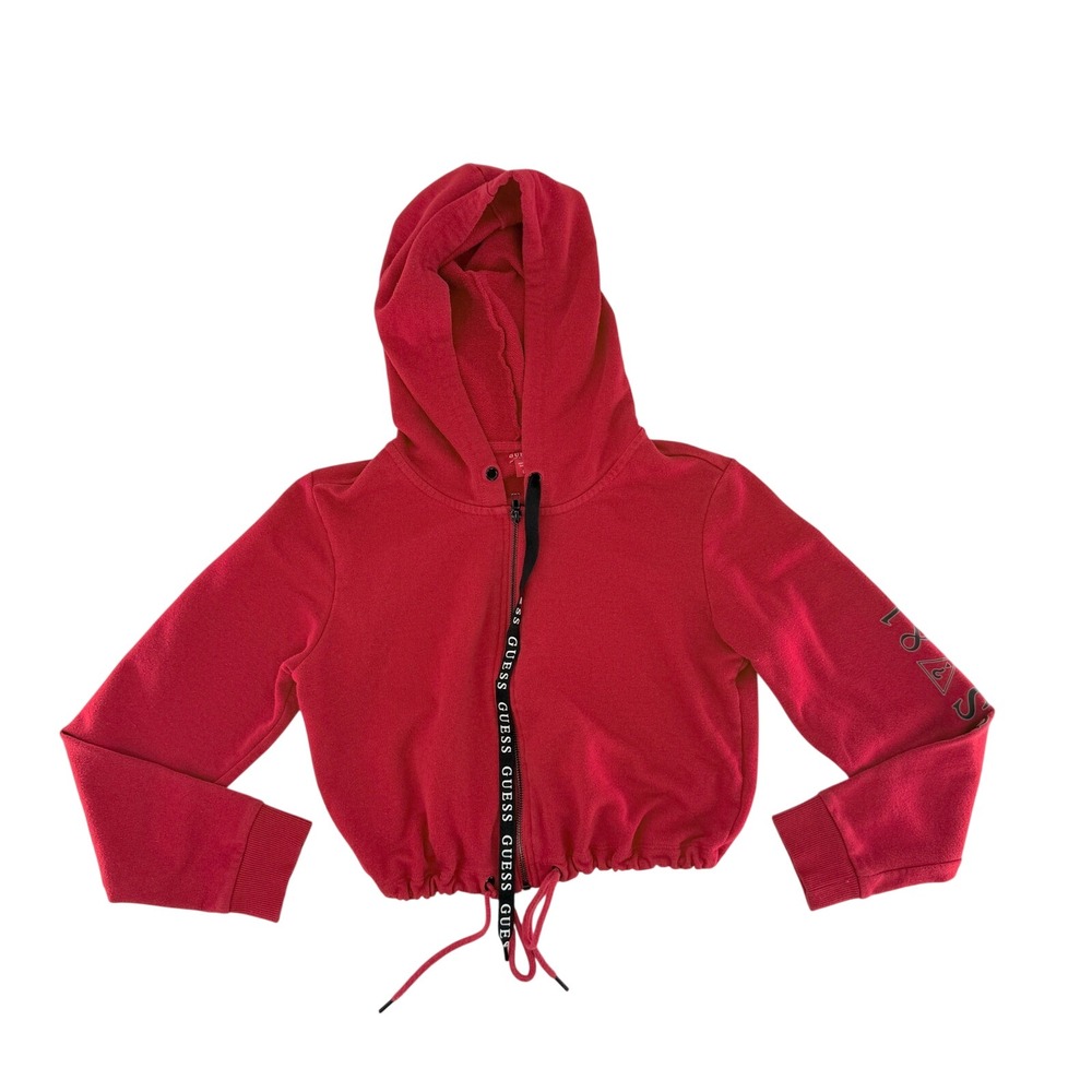 Guess Red Cropped Zip Up Hoodie Long Sleeve Drawstring Hem Logo Graphic Large - Picture 8 of 12